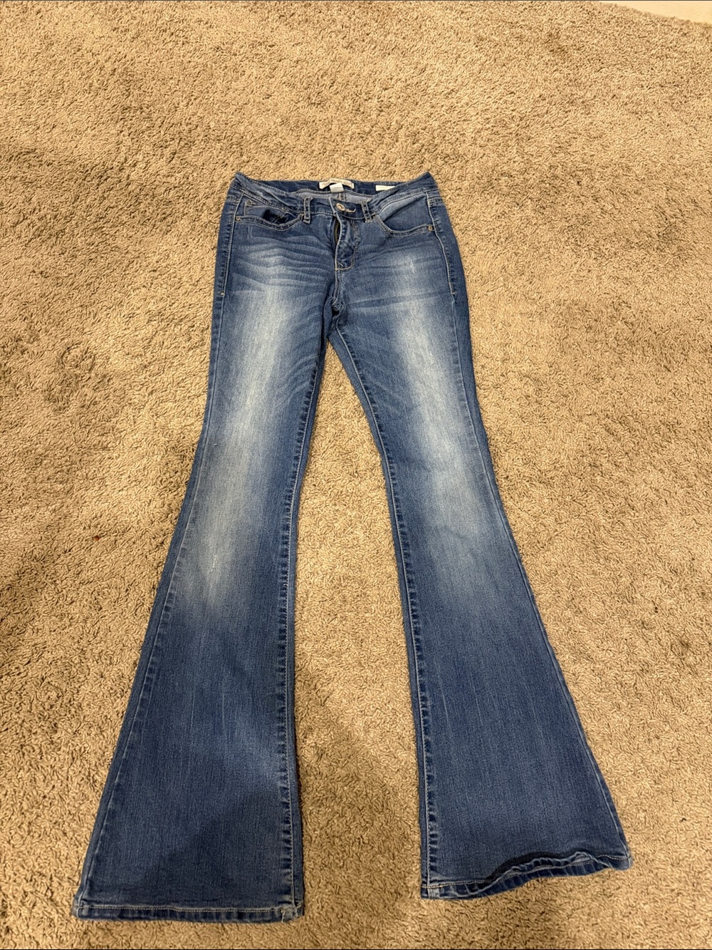 Mid-Blue Flared Jeans with Light Whiskering